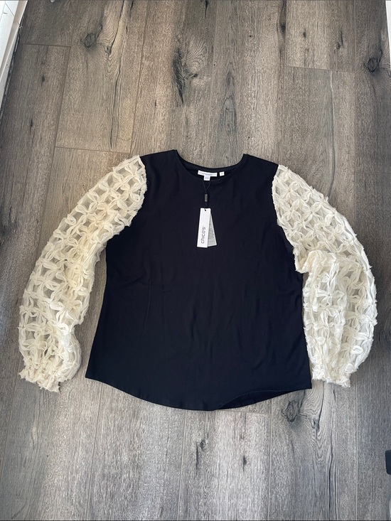 Chico's Tops - Chico's Black Top with Cream Lace Puff Sleeves